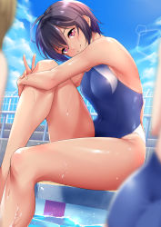 Rule 34 | 3girls, black hair, blue sky, blue one-piece swimsuit, breasts, cloud, competition swimsuit, cowboy shot, day, highres, kanabun, lens flare, looking at viewer, multiple girls, natsumi-chan (kanabun), one-piece swimsuit, original, outdoors, pool, poolside, red eyes, short hair, sitting, sky, small breasts, smile, solo focus, swimsuit, symbol-only commentary, tomboy, v, water