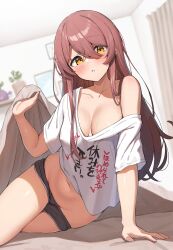 Rule 34 | 1girl, absurdres, arm support, bed sheet, black shorts, blanket, blush, breasts, cleavage, collarbone, dolphin shorts, hair between eyes, highres, holding, holding blanket, idolmaster, idolmaster shiny colors, lifting covers, long hair, looking at viewer, medium breasts, navel, no bra, on bed, open mouth, osaki tenka, red hair, shirt, short shorts, shorts, sitting, solo, sweat, swept bangs, under covers, wanimaru, white shirt, yellow eyes