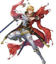 Rule 34 | 1boy, attack, teeth, belt, blonde hair, boots, brown eyes, coat, collar, ascot, eldigan (fire emblem), fire emblem, fire emblem: genealogy of the holy war, fire emblem heroes, full body, highres, holding, holding sword, holding weapon, knee boots, male focus, mystletainn, nintendo, official art, p-nekor, pants, red coat, serious, sheath, sheathed, short hair, short hair with long locks, solo, sweat, sword, teeth, torn clothes, torn pants, transparent background, weapon, white pants
