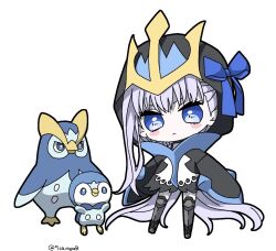 1girl 5ca_typeb artist_name asymmetrical_bangs beak bird black_hood black_outline blue_eyes blue_ribbon blue_skin blush_stickers chibi chibi_only closed_mouth color_connection colored_skin cosplay creatures_(company) empoleon empoleon_(cosplay) expressionless fate/grand_order fate_(series) fewer_digits full_body game_freak gen_4_pokemon hood hood_up legs_apart long_hair long_sleeves looking_at_viewer meltryllis meltryllis_(fate) meltryllis_(swimsuit_lancer)_(fate) meltryllis_(swimsuit_lancer)_(first_ascension)_(fate) nintendo outline penguin piplup pokemon prinplup prosthesis prosthetic_leg purple_hair ribbon ribbon-trimmed_headwear ribbon_trim simple_background sleeves_past_fingers sleeves_past_wrists standing trait_connection twitter_username very_long_hair white_background