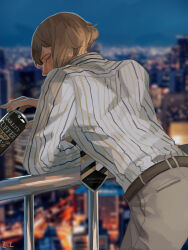 Rule 34 | 1boy, alternate costume, belt, blonde hair, blurry, blurry background, brown belt, brown pants, can, canned coffee, cityscape, commentary request, cowboy shot, dated commentary, drink can, higekiri (touken ranbu), holding, holding can, looking at viewer, looking back, male focus, necktie, pants, railing, shirt, short hair, solo, striped clothes, striped necktie, striped shirt, touken ranbu, white shirt, yellow eyes, zi tsas
