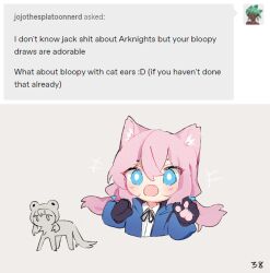 Rule 34 | 1girl, animal ears, animal hands, arknights, black ribbon, blue eyes, blue jacket, blue poison (arknights), blush, cat ears, cat girl, chibi, collared shirt, commentary, cropped torso, dress shirt, fang, floating hair, gloves, grey background, hair between eyes, jacket, kemonomimi mode, long hair, long sleeves, looking at viewer, low twintails, neck ribbon, open clothes, open jacket, open mouth, paw gloves, pink hair, ribbon, ruri (dailybloopy), shirt, simple background, skin fang, smile, twintails, white shirt