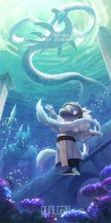 Rule 34 | air bubble, bubble, burt qualgeia, character name, copyright name, day, diving helmet, gloves, helmet, highres, outdoors, pixiv fantasia, pixiv fantasia age of starlight, rackety, ruins, sea serpent, solo, statue, tail, underwater, white gloves