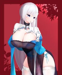 Rule 34 | 1girl, absurdres, azur lane, belfast (azur lane), belfast (iridescent rosa) (azur lane), belfast (iridescent rosa) (azur lane), blue dress, blue eyes, border, braid, breast suppress, breasts, broken, broken chain, chain, china dress, chinese clothes, choker, cleavage, dress, earrings, french braid, heart, heart earrings, highres, jewelry, large breasts, long hair, looking away, mouth hold, nicorima, official alternate costume, panties, red background, red border, side-tie panties, silver hair, solo, thighhighs, underwear, very long hair, wide sleeves