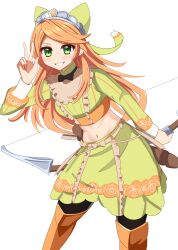 Rule 34 | 1girl, black pantyhose, boots, bow, bow (weapon), commentary, cowboy shot, crop top, etie (fire emblem), fire emblem, green bow, green eyes, green shirt, green skirt, grin, hair bow, hand up, highres, holding, holding bow (weapon), holding weapon, kirby lord, leaning forward, long hair, long sleeves, looking at viewer, midriff, navel, nintendo, orange hair, pantyhose, quiver, shirt, simple background, skirt, skirt set, smile, solo, standing, stomach, thigh boots, tiara, very long hair, w, weapon, white background