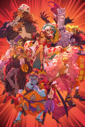 Rule 34 | 1girl, 6+boys, ahoge, animal ears, bartholomew kuma, bear ears, bible (object), black hair, blonde hair, blue skin, boa hancock, book, boots, brown hair, chest tattoo, coat, colored skin, crocodile (one piece), donquixote doflamingo, dracule mihawk, earrings, feather coat, fish boy, fur coat, gecko moria, geta, hair slicked back, highres, holding, holding sword, holding weapon, hook hand, huge weapon, jewelry, jinbe (one piece), lalikeslichto, long hair, long sleeves, looking at viewer, multiple boys, muscular, muscular male, one piece, open clothes, pink coat, ring, salome (one piece), scar, scar on face, sharp teeth, short hair, skull, snake, stitches, sun symbol, sunglasses, sword, tattoo, teeth, weapon, yoru (sword)