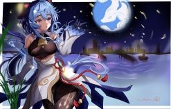 Rule 34 | absurdres, artist name, bare shoulders, bell, black gloves, blue hair, breasts, chinese knot, detached sleeves, ganyu (genshin impact), genshin impact, gloves, gold trim, highres, horns, long hair, luminx x, medium breasts, neck bell, night, open mouth, orb, purple eyes, sidelocks, solo, thighlet, very long hair, vision (genshin impact), white sleeves