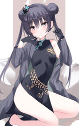 Rule 34 | 1girl, black dress, black gloves, black hair, black jacket, blue archive, breasts, butterfly hair ornament, china dress, chinese clothes, double bun, dress, gloves, grey eyes, hair bun, hair ornament, halo, highres, jacket, kinona, kisaki (blue archive), long hair, looking at viewer, off shoulder, pelvic curtain, pinstripe jacket, pinstripe pattern, small breasts, solo, striped, twintails