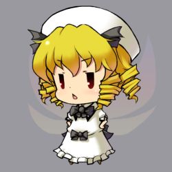 Rule 34 | 1girl, blonde hair, blueberry (5959), chibi, eastern and little nature deity, female focus, full body, grey background, hat, luna child, red eyes, simple background, solo, standing, touhou, touhou sangetsusei, wings