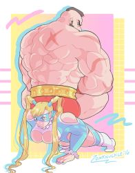 Rule 34 | 1boy, 1girl, blonde hair, capcom, frown, highres, muscular, nail polish, push-ups, rainbow mika, sitting, sitting on person, street fighter, street fighter v, twintails, zangief, zonknuckle