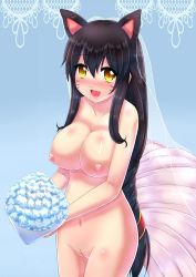 Rule 34 | 1girl, ahri (league of legends), animal ears, blush, bouquet, braid, breasts, bridal veil, bride, cleavage, cleft of venus, collarbone, facial mark, fang, flower, fox ears, fox tail, large breasts, league of legends, long hair, multiple tails, navel, nipples, nude, open mouth, pussy, solo, tail, uncensored, veil, whisker markings, xano, yellow eyes
