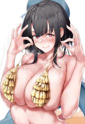Rule 34 | 1girl, @ @, beret, bikini, black hair, blue hat, blush, breasts, cleavage, closed mouth, collarbone, frilled bikini, frills, gold bikini, hat, highres, huge breasts, kantai collection, looking at viewer, micro bikini, osterei, pulling own clothes, red eyes, short hair, skindentation, smile, solo, string bikini, string pull, sweat, swimsuit, takao (kancolle), upper body, white background
