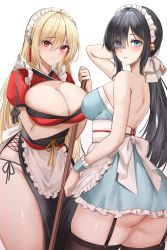 Rule 34 | 2girls, absurdres, apron, arm under breasts, ass, black hair, black legwear, blonde hair, blue eyes, breasts, broom, cleavage, cleavage cutout, clothing cutout, dress, hairband, highres, large breasts, legs together, lillly, looking at viewer, maid, maid apron, maid headdress, multiple girls, original, panty straps, puffy short sleeves, puffy sleeves, red eyes, short dress, short sleeves, side slit, sleeveless, thick thighs, thighhighs, thighs, thong