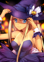Rule 34 | &gt;:), 1girl, alessandra susu, bare shoulders, black dress, blonde hair, blue eyes, breasts, cleavage, closed mouth, dress, halloween costume, hands on headwear, hat, highres, jack-o&#039;-lantern, long hair, matatabi kikuno, medium breasts, sleeveless, sleeveless dress, smile, solo, strapless, strapless dress, tan, tanline, tokyo 7th sisters, twitter username, upper body, v-shaped eyebrows, very long hair, witch, witch hat, wrist cuffs