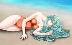 Rule 34 | 1girl, aqua eyes, aqua hair, arm support, bad id, bad pixiv id, bare arms, bare legs, bare shoulders, beach, blush, breasts, c:, casual one-piece swimsuit, cleavage, closed mouth, collarbone, eirika (fire emblem), female focus, fire emblem, fire emblem: the sacred stones, hand up, highres, legs, long hair, looking at viewer, lying, matching hair/eyes, nintendo, on side, one-piece swimsuit, outdoors, princess, red one-piece swimsuit, sand, smile, solo, strapless, strapless one-piece swimsuit, swimsuit, tamamon, water