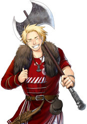 Rule 34 | 1boy, axe, axis powers hetalia, belt, blonde hair, closed eyes, denmark (hetalia), fur, grin, jersey, jewelry, knife, male focus, md5 mismatch, necklace, pouch, sherry lai, simple background, smile, solo, weapon, white background