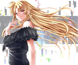 Rule 34 | 1girl, black dress, blonde hair, closed mouth, dress, earrings, fate testarossa, floating hair, from side, highres, jewelry, long hair, looking at viewer, lyrical nanoha, mahou shoujo lyrical nanoha strikers, off-shoulder dress, off shoulder, red eyes, smile, solo, sougetsu izuki, sparkle, straight hair, upper body, very long hair