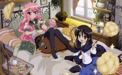 Rule 34 | 2girls, absurdres, alastor (shakugan no shana), artist request, bed, book, bread, company connection, cosplay, costume switch, crossover, doll, food, highres, j.c. staff, j.c.staff, jewelry, kugimiya rie, louise francoise le blanc de la valliere, louise francoise le blanc de la valliere (cosplay), melon bread, multiple girls, ootsuka mai, pendant, picnic basket, pillow, shakugan no shana, shana, shana (cosplay), tea, thighhighs, voice actor connection, wand, zero no tsukaima