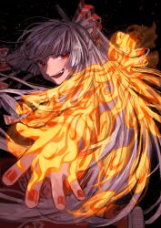 Rule 34 | 1girl, absurdres, black background, commentary request, fang, fiery wings, fire, flaming hand, floating, floating hair, fujiwara no mokou, grin, highres, long hair, long sleeves, looking at viewer, nail polish, ofuda, ofuda on clothes, open mouth, pants, puffy pants, pyrokinesis, red eyes, red nails, red pants, shirt, sidelocks, smile, soles, solo, suspenders, teeth, teruteru (teru teru), touhou, two-tone bow, upper body, upper teeth only, very long hair, white hair, white shirt, wings, wrist cuffs