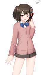 Rule 34 | 1girl, absurdres, black hair, black skirt, blue bow, blue bowtie, bow, bowtie, brown eyes, cardigan, contrapposto, cosplay, cowboy shot, dated, flat chest, highres, kantai collection, looking at viewer, maru (marg0613), pink cardigan, school uniform, sendai (kancolle), short hair, simple background, skirt, solo, standing, suzuya (kancolle), suzuya (kancolle) (cosplay), twitter username, two side up, white background