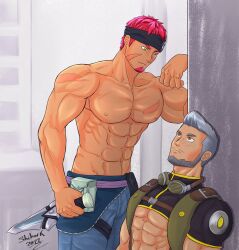 Rule 34 | 2boys, abs, artist name, bara, beard, biceps, blush, crop top, facial hair, feet out of frame, gyee, headband, highres, holding, holding knife, knife, looking at another, male focus, manly, master (gyee), mature male, multiple boys, muscular, muscular male, musso (gyee), nipples, pants, pectorals, red hair, scar, shibark, signature, spiked hair, stubble, underpec, weapon