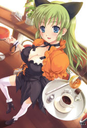 Rule 34 | 1girl, absurdres, animal ears, blue eyes, blush, breasts, cat ears, choker, cleavage, coffee, cup, drinking straw, food, foreshortening, fruit, green hair, happoubi jin, high heels, highres, ice, indoors, large breasts, lemon, long hair, milk, neck ribbon, open mouth, ribbon, ribbon choker, shoes, solo, standing, thighhighs, waitress, white thighhighs, wrist cuffs