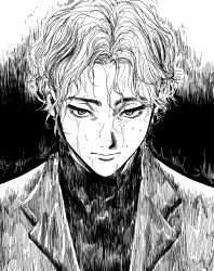 Rule 34 | 1boy, absurdres, closed mouth, evil smile, greyscale, highres, jacket, johan liebert, korean commentary, looking at viewer, male focus, monochrome, monster (manga), my nameisyoon, parted bangs, rain, smile, solo, suit jacket, wet, wet face, wet hair
