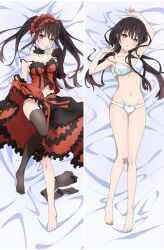 1girl absurdres bare_shoulders bed black_hair blush breasts cleavage clock_eyes collarbone dakimakura_(medium) date_a_live dress frilled_dress frills hairband heterochromia highres lolita_fashion lolita_hairband long_hair looking_at_viewer medium_breasts midriff navel official_art panties parted_lips red_dress red_eyes smile solo symbol-shaped_pupils thigh_strap thighhighs third-party_source tokisaki_kurumi twintails two-tone_dress underwear white_panties yellow_eyes