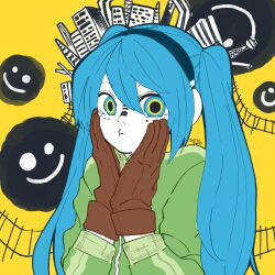 Rule 34 | 1girl, black hairband, blue eyes, blue hair, brown gloves, bunnyhuman, city, crazy eyes, dated, facial mark, gloves, green jacket, hairband, hands on own face, hatsune miku, highres, jacket, long hair, matryoshka (vocaloid), multicolored eyes, pale skin, puffy cheeks, signature, smiley face, solo, vocaloid, yellow background
