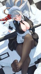 Rule 34 | 1girl, apron, asymmetrical horns, azur lane, breasts, cleavage, crossed legs, feet, foot out of frame, from above, gloves, hakuryuu (azur lane), hakuryuu (slice dice and serve) (azur lane), highres, horns, katana, large breasts, legs, looking at viewer, maid, maid apron, maid headdress, miniskirt, mismatched horns, no shoes, official alternate costume, pantyhose, ropi (yyuichi29), skirt, soles, sword, sword behind back, table, toes, weapon