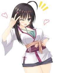 Rule 34 | 1girl, :d, ahoge, black hair, black shorts, blush, breasts, cherry blossoms, cleavage, commentary request, eyelashes, flower, green eyes, green undershirt, hair between eyes, hair flower, hair ornament, hairclip, hand on own hip, hand up, happy, heart, hitachi mako, japanese clothes, kanaya (cybelekanaya), kimono, large breasts, long hair, long sleeves, looking at viewer, notice lines, one eye closed, open mouth, orange sash, parted bangs, senren banka, short kimono, shorts, sidelocks, simple background, smile, solo, straight hair, thighs, v over eye, white background, white kimono, wide sleeves, x hair ornament, yuzu-soft