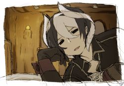 Rule 34 | 1girl, black eyes, black gloves, black hair, commentary request, gloves, hair between eyes, head rest, indoors, leaning to the side, long sleeves, looking at viewer, made in abyss, mi (pic52pic), ozen, parted lips, short hair, smile, solo, whistle, white hair
