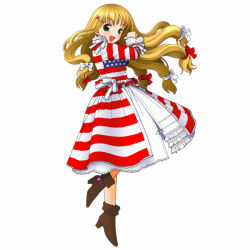 Rule 34 | 1girl, american flag, boots, dress, flag dress, flag print, kusunoki masashige, print dress, ribbon, solo