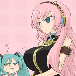 Rule 34 | 2girls, blue eyes, blush, breast envy, breasts, drooling, green eyes, green hair, hairband, hatsune miku, large breasts, long hair, looking at breasts, megurine luka, multiple girls, oro (zetsubou girl), pink hair, twintails, vocaloid