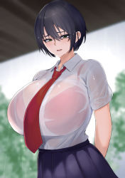 Rule 34 | 1girl, arms behind back, black hair, black skirt, blurry, blurry background, bra visible through clothes, breasts, cloud, cloudy sky, collared shirt, from below, furrowed brow, green eyes, grey sky, hair between eyes, half-closed eyes, highres, huge breasts, looking at viewer, necktie, open collar, open mouth, original, outdoors, pleated skirt, rain, red necktie, school uniform, see-through, see-through shirt, shirt, shirt tucked in, short hair, short sleeves, skirt, sky, solo, tokitamago (sasakitoki), tree, upper body, water, wet, wet clothes, wet hair, wet shirt, white shirt