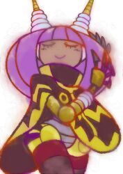 Rule 34 | 1girl, adjusting hair, black cape, blunt bangs, bob cut, cape, closed eyes, closed mouth, commentary request, dark-skinned female, dark skin, dynatron (mighty no. 9), facing viewer, highres, horns, joints, mighty no. 9, purple hair, robot, robot girl, robot joints, short hair, simple background, smile, solo, takenokonoko, two-tone cape, very dark skin, white background, yellow cape, yellow horns