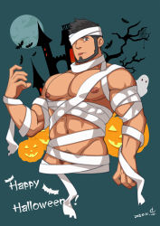 Rule 34 | 1boy, abs, bad id, bad pixiv id, bandages, bara, bare pectorals, beard, black hair, castle, cropped legs, facial hair, full moon, ghost, groin, halloween, halloween costume, happy halloween, highres, jack-o&#039;-lantern, koji (wildlhz), large pectorals, male focus, male pubic hair, mature male, moon, muscular, muscular male, naked bandage, navel, nipples, original, pectorals, penis, penis peek, pubic hair, short hair, solo, spiked hair, stomach