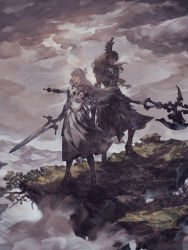 Rule 34 | 2girls, armor, armored dress, black gloves, blue eyes, branch, clenched hand, cloud, cloudy sky, commentary, english commentary, floating hair, gloves, grey hair, halberd, long hair, mountainous horizon, multiple girls, official art, polearm, rock, sky, standing, sword, valkyrie elysium, valkyrie profile (series), wavy hair, weapon