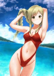 Rule 34 | 1girl, beach, blonde hair, blue sky, braid, breasts, brown eyes, center opening, clothing cutout, cloud, commentary request, cowboy shot, day, dragon quest, dragon quest iii, gluteal fold, highleg, highleg swimsuit, highres, horizon, long hair, looking at viewer, lost july, medium breasts, navel cutout, ocean, one-piece swimsuit, outdoors, red eyes, red one-piece swimsuit, school girl strikers, single braid, sky, solo, swimsuit, water, yaginuma io