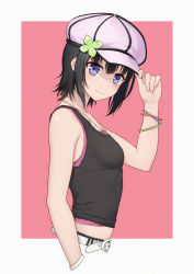 Rule 34 | 1girl, adjusting clothes, adjusting headwear, anarchojs, bare shoulders, belt, black hair, black tank top, blush, boku wa tomodachi ga sukunai, breasts, camisole, casual, clover, commentary request, from side, hair between eyes, hand up, hat, highres, jewelry, medium hair, midriff, mikazuki yozora, necklace, pink background, pink camisole, pink hat, purple camisole, purple eyes, simple background, small breasts, smile, solo, tank top, upper body, white background, white belt