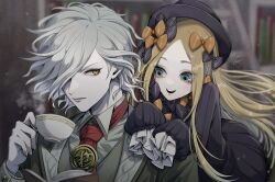 Rule 34 | 1boy, 1girl, abigail williams (fate), black dress, blonde hair, blue eyes, bow, child, closed mouth, commentary, cup, dress, edmond dantes (fate), fate/grand order, fate (series), fingernails, forehead, grey hair, gs999000, hair bow, hair over one eye, hat, highres, holding, holding cup, lips, long hair, looking at another, necktie, one eye covered, open mouth, orange bow, pale skin, pink lips, red necktie, short hair, sleeves past fingers, sleeves past wrists, smile, symbol-only commentary, teacup, teeth, upper teeth only, yellow eyes