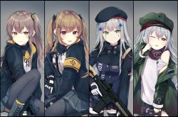 Rule 34 | 404 (girls&#039; frontline), 4girls, armband, assault rifle, brown eyes, brown hair, column lineup, cowboy shot, g11 (girls&#039; frontline), girls&#039; frontline, green eyes, gun, hair ornament, hairclip, hat, hk416 (girls&#039; frontline), holding, holding gun, holding weapon, jacket, long hair, looking at viewer, multiple girls, one eye closed, one side up, open mouth, pantyhose, pleated skirt, red eyes, rifle, scar, scar across eye, scar on face, siblings, silltare, silver hair, sisters, sitting, skirt, standing, submachine gun, teardrop, tongue, tongue out, twins, twintails, ump45 (girls&#039; frontline), ump9 (girls&#039; frontline), wavy mouth, weapon, yellow eyes