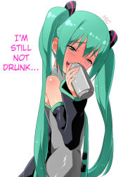 Rule 34 | 1girl, alcohol, aqua hair, beer, blush, can, detached sleeves, drunk, hard-translated, hatsune miku, hiccup, long hair, open mouth, otoi rekomaru, smile, solo, third-party edit, translated, twintails, very long hair, vocaloid