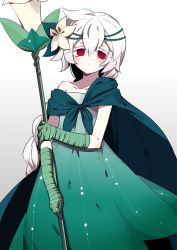 Rule 34 | artist request, bandaged arm, bandages, braid, breasts, cape, closed eyes, closed mouth, cloud, colored eyelashes, cookie run, crown of thorns, dot mouth, dress, eyelashes, floating cape, flower, flower in mouth, from side, gradient dress, green cape, green dress, hair flower, hair ornament, humanization, lens flare, lily (flower), long hair, medium breasts, non-web source, outdoors, outstretched arm, parted lips, personification, sky, solo, upper body, white dress, white flower, white hair, white lily cookie, yellow flower