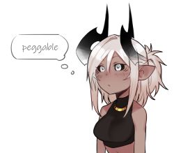 Rule 34 | 1girl, aiko (less), bare shoulders, black horns, black sclera, blush, breasts, closed mouth, colored sclera, dark-skinned female, dark skin, demon girl, demon horns, grey background, grey eyes, hair between eyes, highres, horns, jewelry, large breasts, less, looking at viewer, meme, necklace, original, peggable (meme), pointy ears, ponytail, simple background, solo, thought bubble, upper body, white background