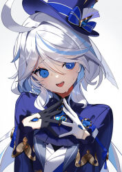 Rule 34 | 1girl, @ @, ahoge, ascot, asymmetrical gloves, black gloves, blue ascot, blue bow, blue brooch, blue hair, blue hat, blue jacket, blush, bow, bright pupils, commentary, drop-shaped pupils, flat chest, frilled sleeves, frills, furina (genshin impact), furrowed brow, genshin impact, gloves, gold trim, hair between eyes, hair intakes, half gloves, hat, hat bow, hat ribbon, heterochromia, jacket, light blue hair, long hair, long sleeves, looking at viewer, mismatched gloves, mismatched pupils, multicolored hair, nervous smile, nervous sweating, open mouth, own hands together, ribbon, scottie (phantom2), simple background, smile, solo, streaked hair, sweat, symbol-shaped pupils, tilted headwear, top hat, two-tone hair, upper body, white background, white gloves, white hair