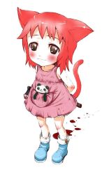 Rule 34 | 1girl, animal ears, axe, blood, blush, brown eyes, cat ears, cat tail, concealed weapon, jpeg artifacts, red hair, short hair, slit pupils, solo, tail, weapon
