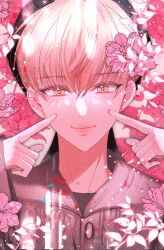 Rule 34 | 1boy, black headwear, blonde hair, cardigan, character request, cheek poking, closed mouth, commentary request, debwi mos hamyeon jugneun byeong geollim, flower, hair between eyes, hair flower, hair ornament, highres, korean commentary, looking at viewer, male focus, pink flower, pink theme, poking, short hair, smile, solo, sparkle, sum i, upper body, yellow eyes