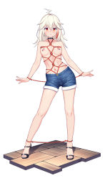 Rule 34 | 1girl, absurdres, ahoge, arms at sides, bare legs, bdsm, black choker, black footwear, blue shorts, blush, bondage, bound, breasts, chinese commentary, choker, collarbone, commentary request, denim, denim shorts, floor, hair between eyes, high heels, highres, lightning ahoge, long hair, looking at viewer, medium breasts, multicolored hair, navel, nipple piercing, nipples, nude, open mouth, orange eyes, original, piercing, red hair, restrained, sandals, scar, scar on face, shibari, short shorts, shorts, sidelocks, signature, silver hair, simple background, slit pupils, solo, standing, stomach, streaked hair, toes, topless, white background, xiaoxi0619