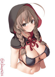 Rule 34 | 1girl, ahoge, bikini, black bikini, black capelet, black dress, blush, bow, braid, breasts, brown eyes, brown hair, capelet, cleavage, commentary request, dress, ebifurya, eyelashes, eyepatch bikini, hair bow, highres, hood, hood up, hooded capelet, kantai collection, large breasts, long hair, looking at viewer, navel, open mouth, parted lips, red bow, red ribbon, ribbon, shinshuu maru (kancolle), simple background, solo, stomach, swimsuit, twin braids, twitter username, upper body, white background